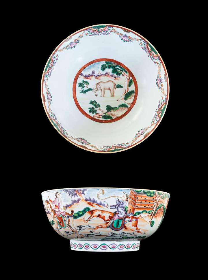GG: Chinese famille rose porcelain punchbowl with hunting scenes and an elephant